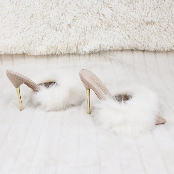 Furry Pointy Toe Slip On Gold Tone Slim Heels Nude - Picture 5 of 11